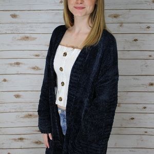 Chenille Open Knit Cardigan - Navy